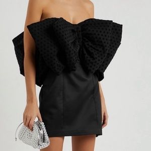 Rotate birger christensen natalie black bow satin mini dress size 10